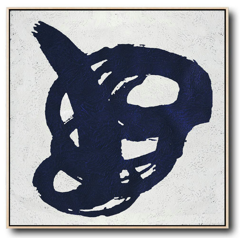 Huge Abstract Painting On Canvas,Minimalist Navy Blue And White Painting,Unique Canvas Art